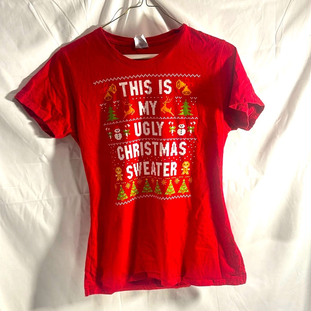 This is my Ugly Christmas Sweater T-Shirt sz small red green white holiday